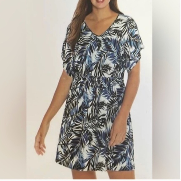 Mario Serrani Cute Tropical Palm leaves White/beige/navy/blue coverup Size L - Picture 1 of 13